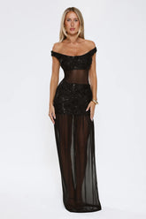 Radiance In The Dark Off Shoulder Sequin Maxi Dress Black