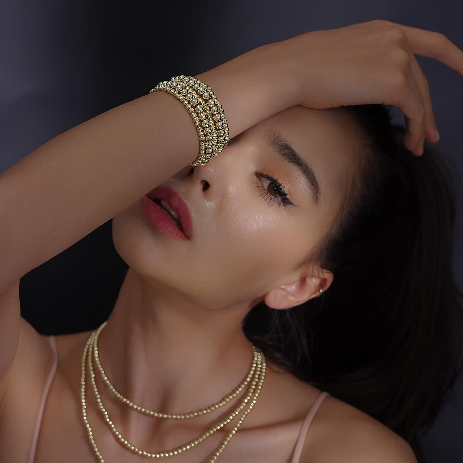 Badu Gold Plate Bead Bracelet for Women 14K Gold Plated Bead Ball Bracelet Stretchable Elastic Hypoallergenic Bohemian Stackable