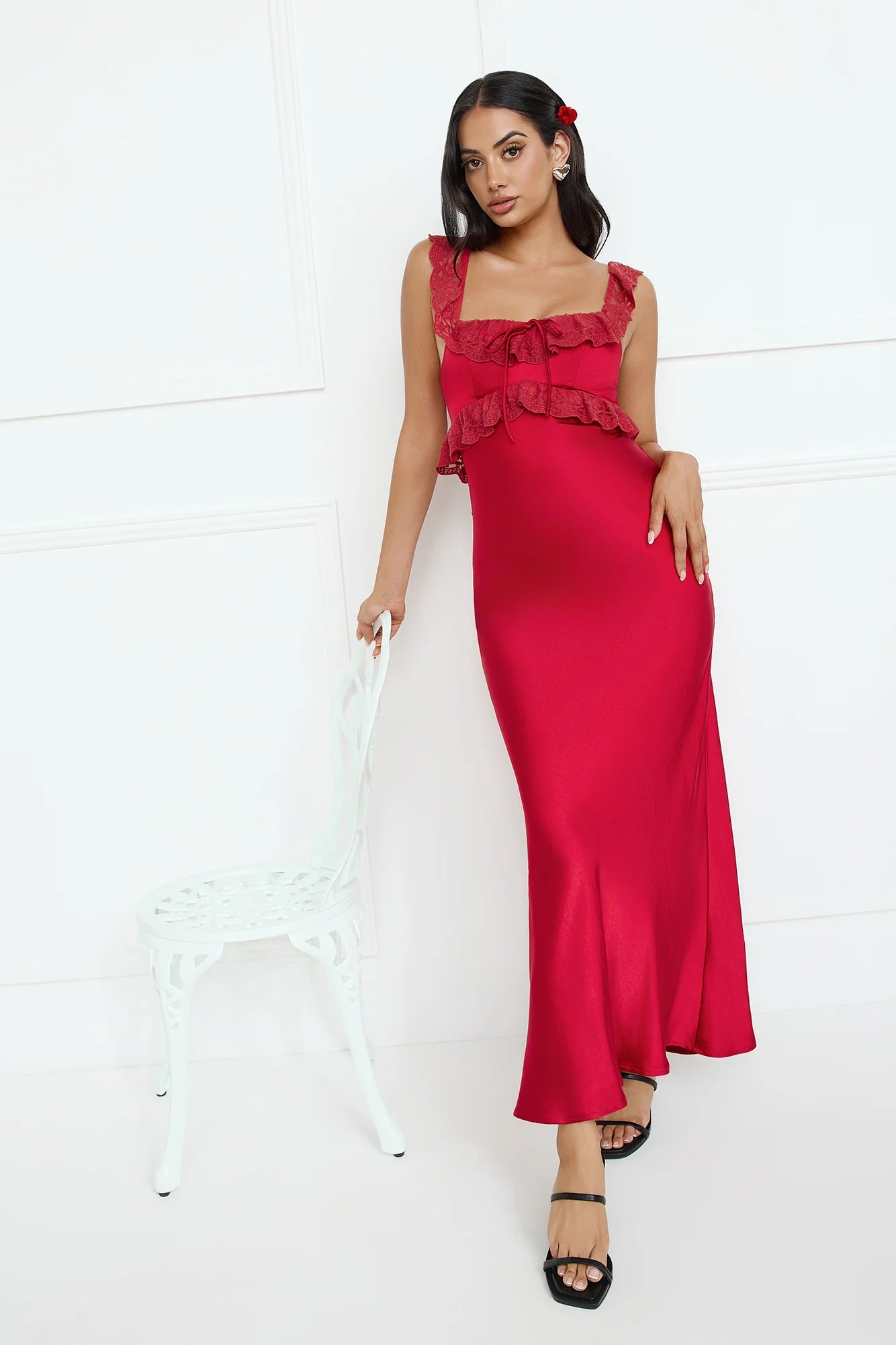 Waltzing In Romance Satin Maxi Dress Red
